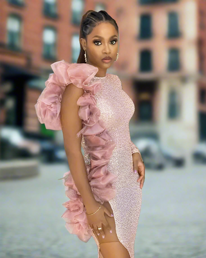 High Split Organza Ruffles Sequin Floor Length Dress