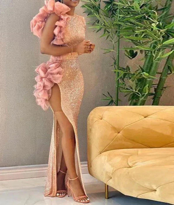 High Split Organza Ruffles Sequin Floor Length Dress