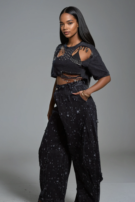 Harlee Cutout Paperclip Embellished T Shirt In Black