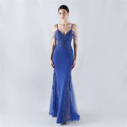 Heavy Embroidery Drilling Boning Corset Vest Lace Beaded High Fork Evening Dress