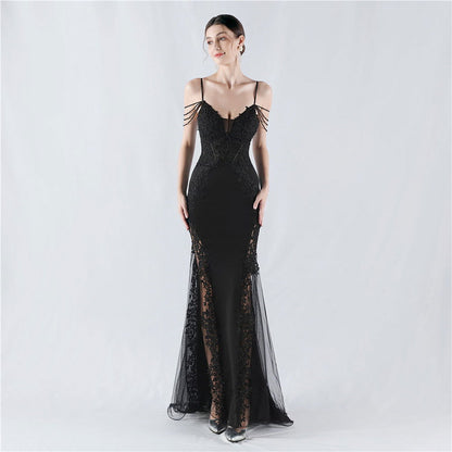 Heavy Embroidery Drilling Boning Corset Vest Lace Beaded High Fork Evening Dress