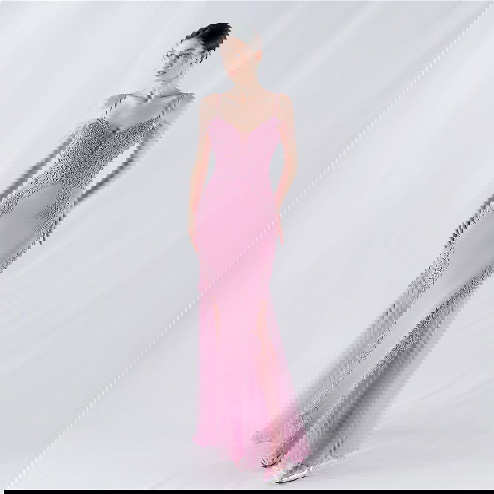 Heavy Embroidery Drilling Boning Corset Vest Lace Beaded High Fork Evening Dress