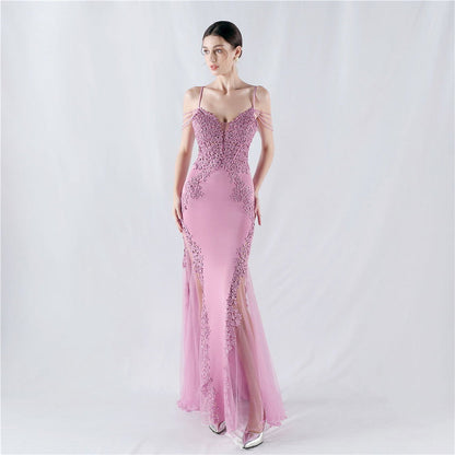 Heavy Embroidery Drilling Boning Corset Vest Lace Beaded High Fork Evening Dress