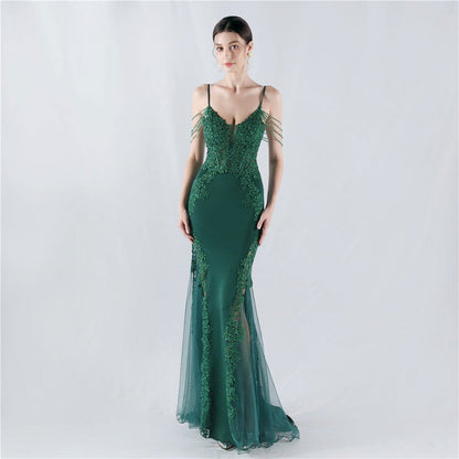 Heavy Embroidery Drilling Boning Corset Vest Lace Beaded High Fork Evening Dress