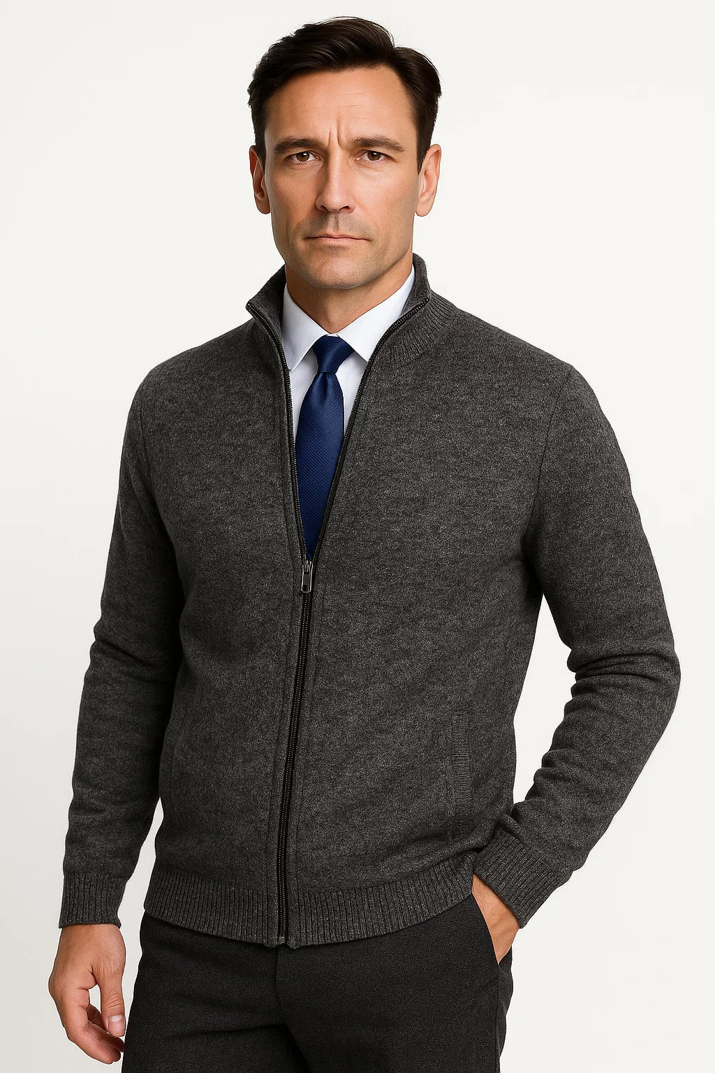 Full Zip Knit Cardigan | Stand Collar | Refined Rib Texture