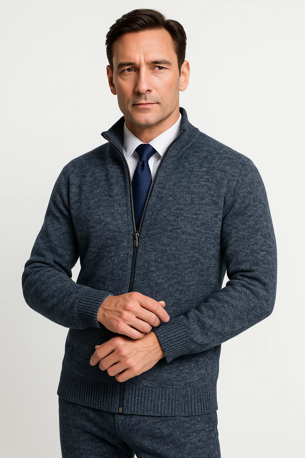 Full Zip Knit Cardigan | Stand Collar | Refined Rib Texture