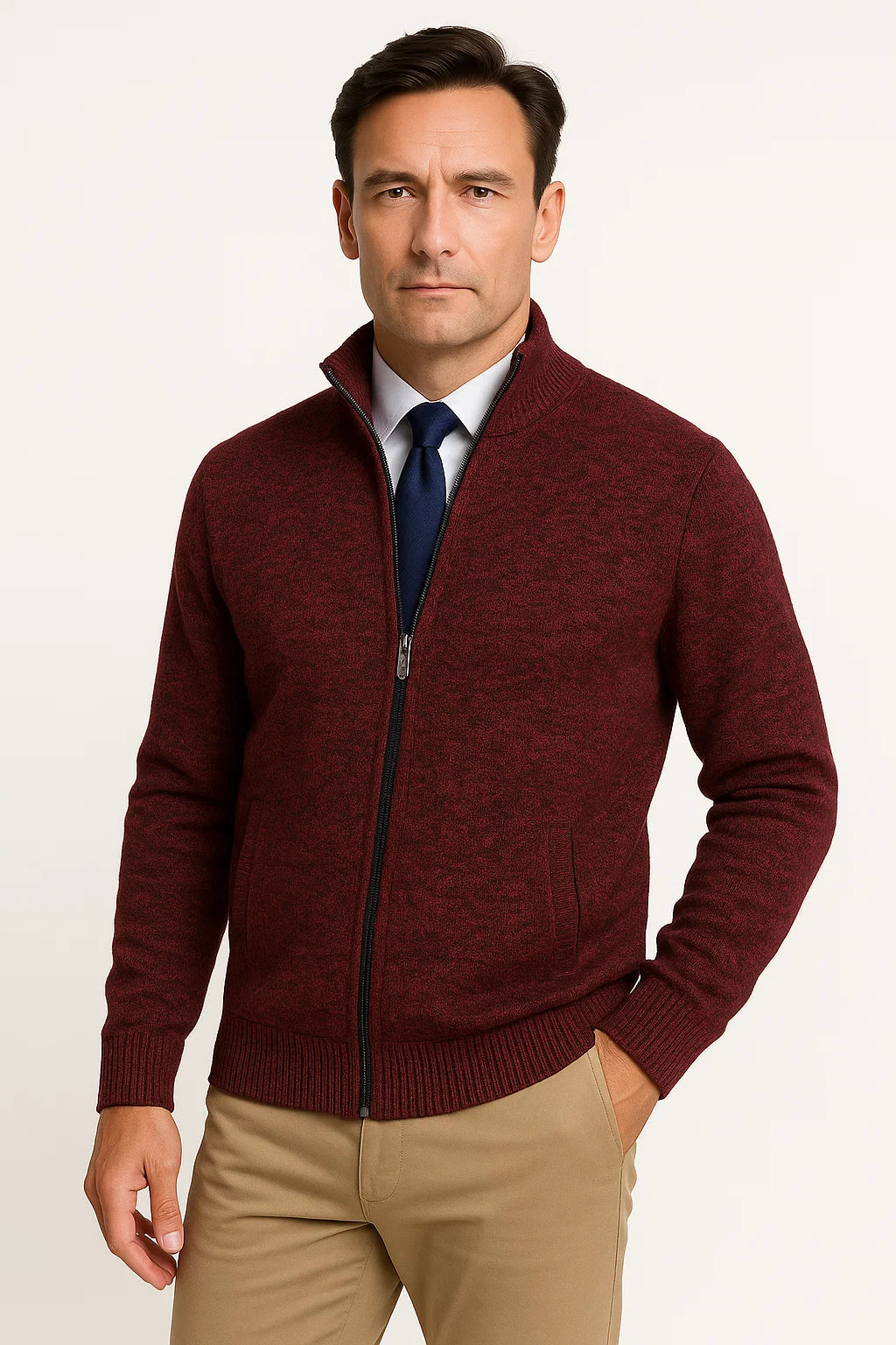 Full Zip Knit Cardigan | Stand Collar | Refined Rib Texture