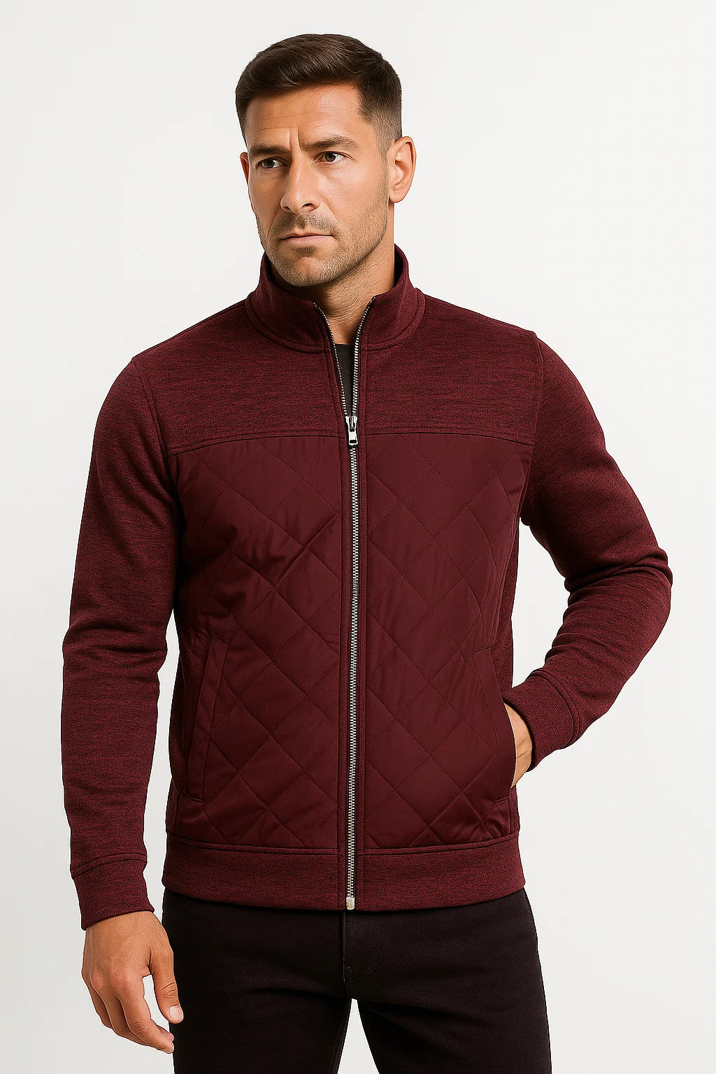 Quilted Knit Jacket | Stand Collar Zip Front