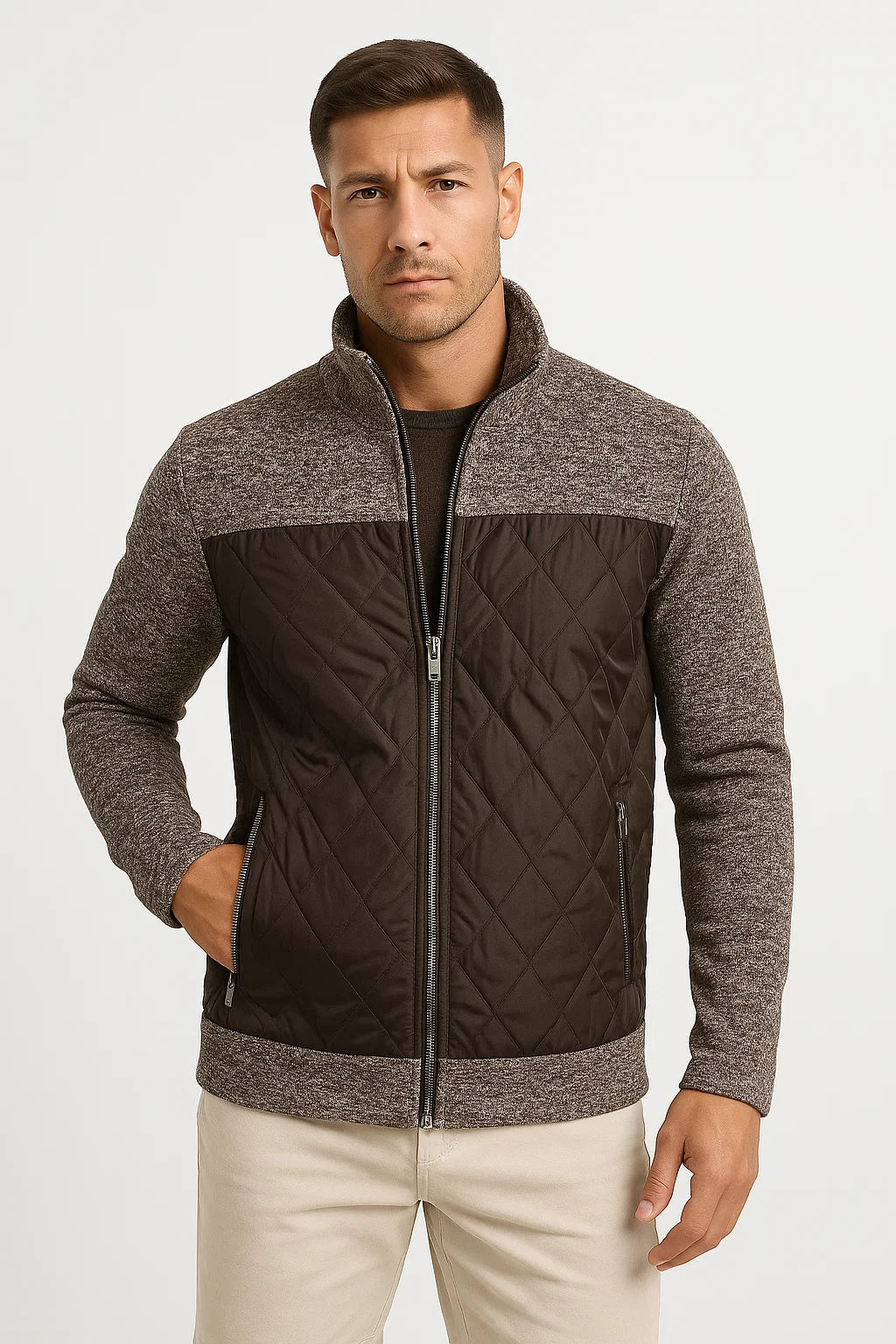 Quilted Knit Jacket | Stand Collar Zip Front