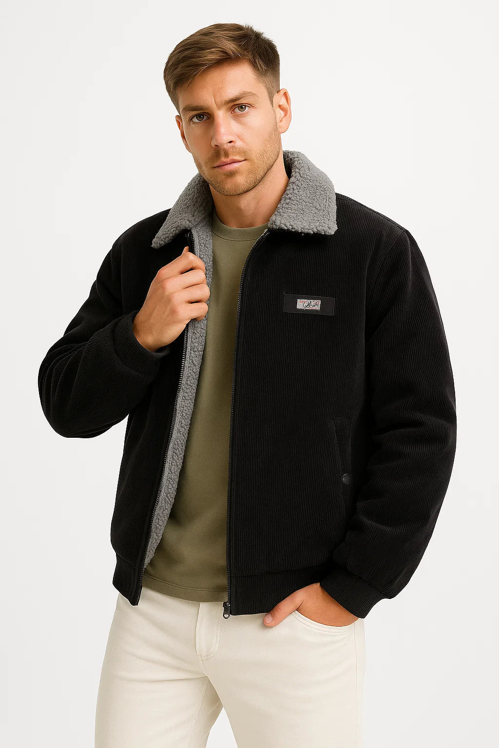 Corduroy Fleece Jacket | Shearling Collar | Zip Front