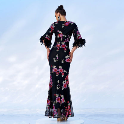 High End Long Sequined Short Sleeve V Neck Cocktail Evening Dress Bridesmaid Dress