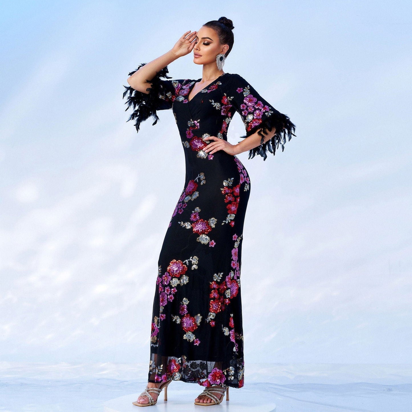 High End Long Sequined Short Sleeve V Neck Cocktail Evening Dress Bridesmaid Dress