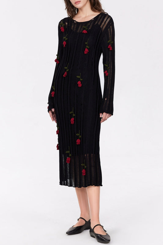 Hilaria Rose Handcrafted Knit Midi Dress - Black