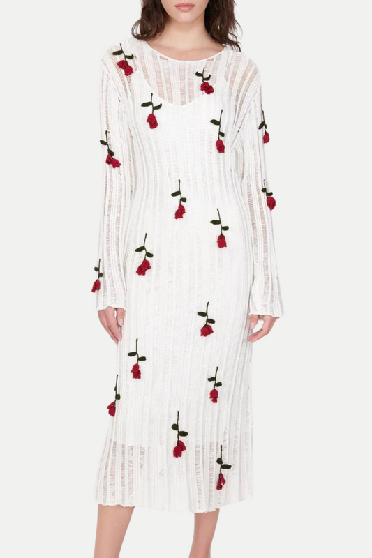 Hilaria Rose Handcrafted Knit Midi Dress - White