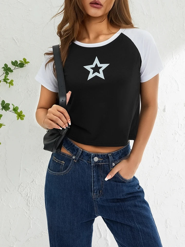 Hollow Star Print Crop T-Shirt