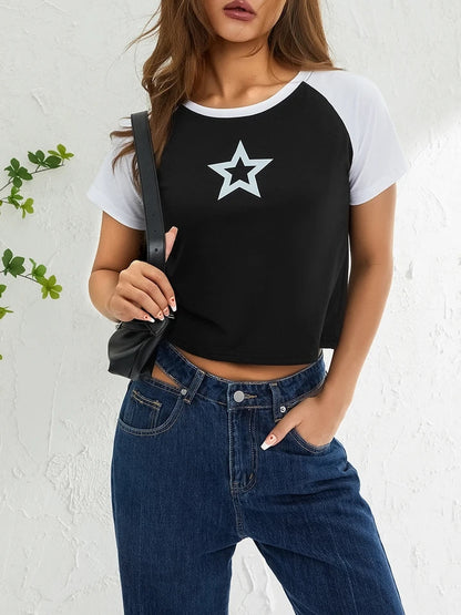 Hollow Star Print Crop T-Shirt