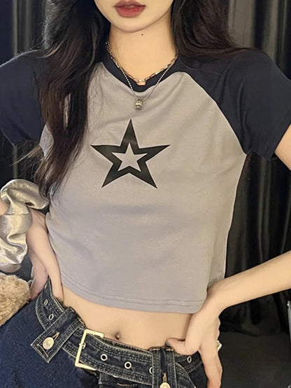 Hollow Star Print Crop T-Shirt