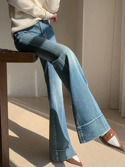 High Waist Flare Jeans | Bootcut Silhouette with Draped Hem