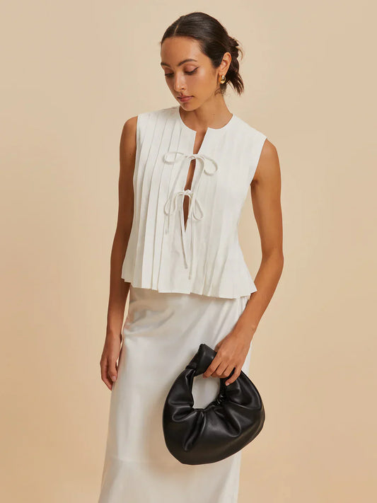 Pleated Tie-Front Sleeveless Blouse | Cotton-Linen Blend
