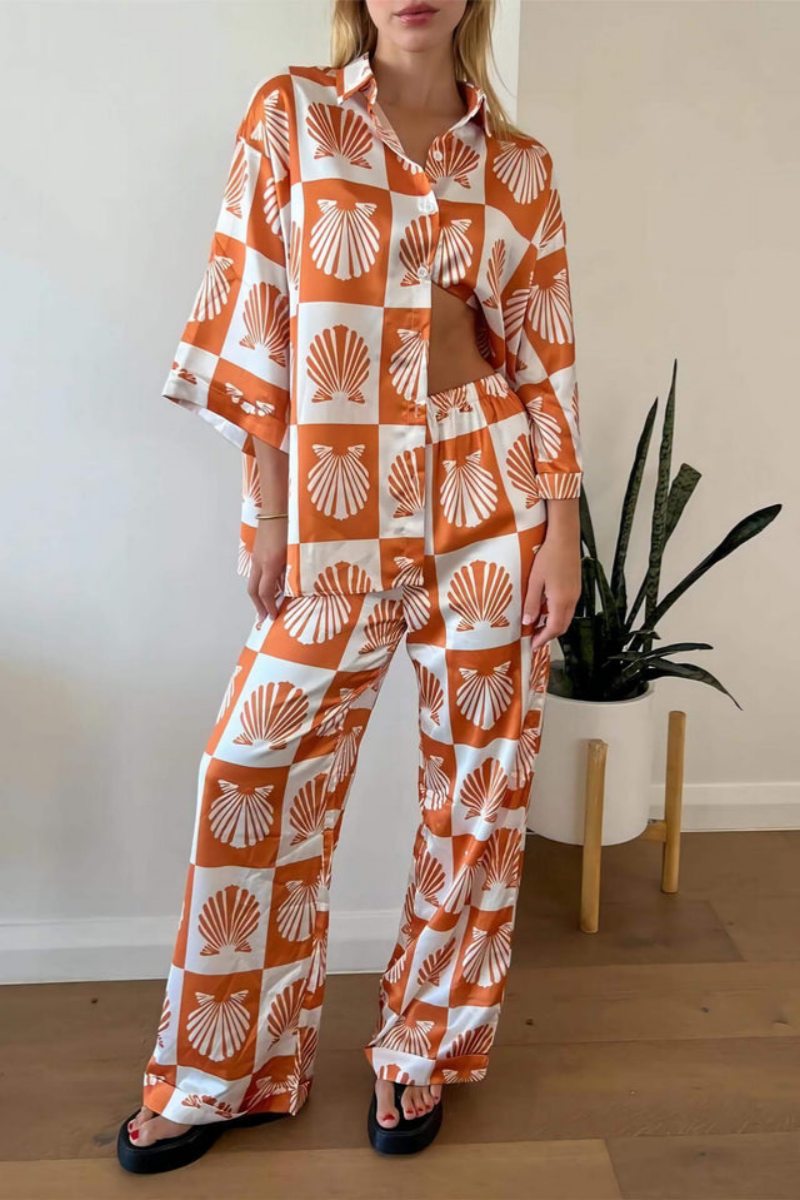 Special Satin Shell Print Wide Leg Pants-Set