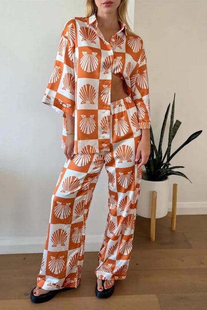 Special Satin Shell Print Wide Leg Pants-Set