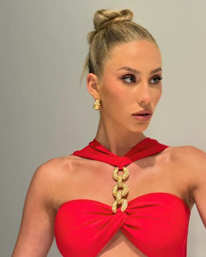 Red Metal Strapless Design Bodycon Midi Dress