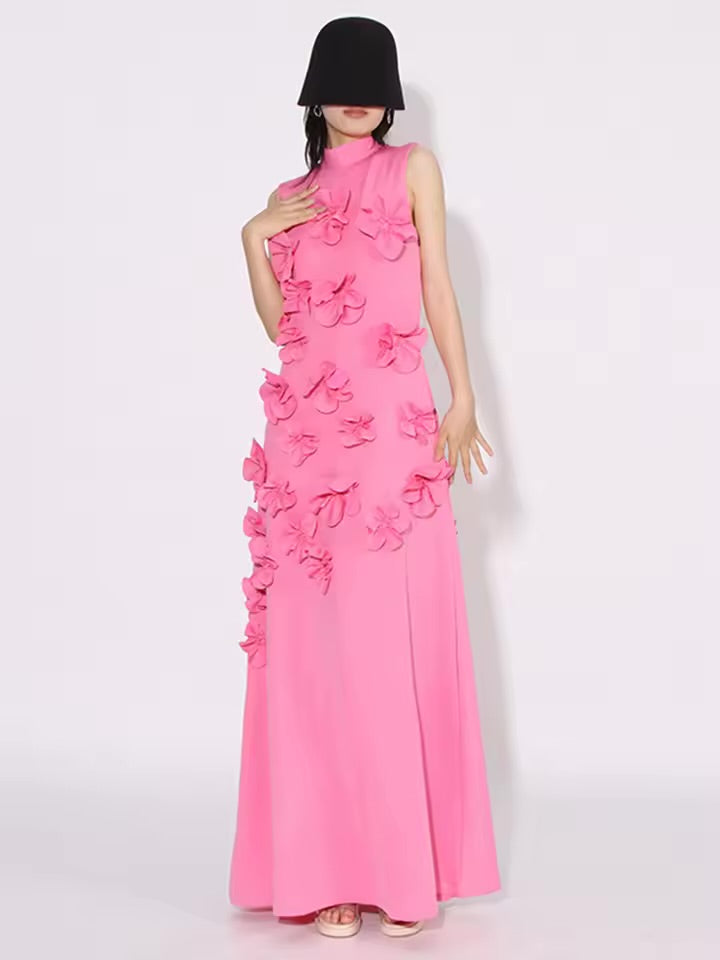 3D Flower Appliqué Mock Neck Midi Dress