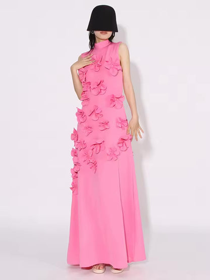 3D Flower Appliqué Mock Neck Midi Dress