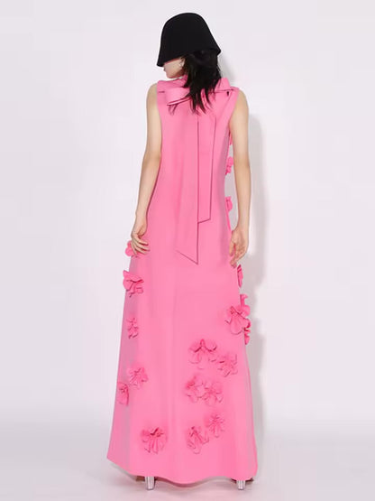 3D Flower Appliqué Mock Neck Midi Dress