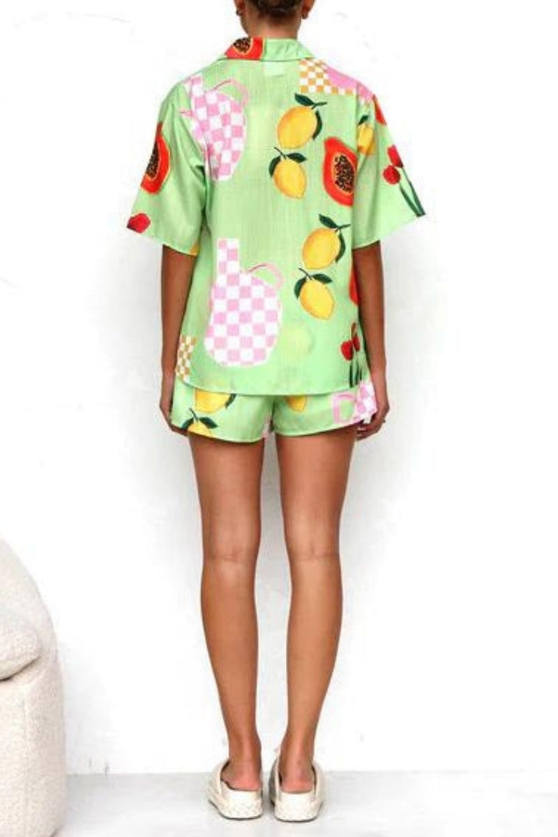 Casual Printed Cardigan Shirt Shorts Set
