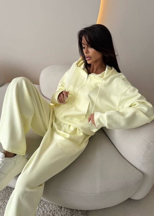 Lemon Cream Zip Hoodie & Wide-Leg Pants Set – Cozy Loungewear for Women