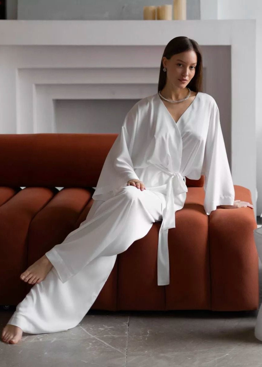 White Kimono Lounge Two-Piece Set – Wrap Top & Wide-Leg Pants