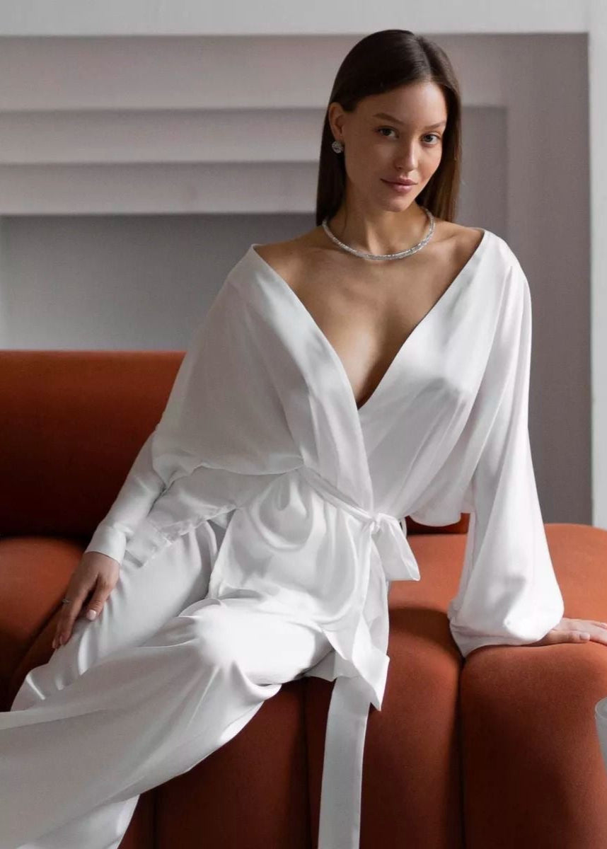 White Kimono Lounge Two-Piece Set – Wrap Top & Wide-Leg Pants