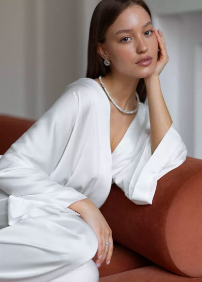 White Kimono Lounge Two-Piece Set – Wrap Top & Wide-Leg Pants