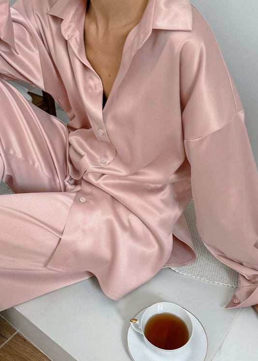 Blush Satin Relaxed Two-Piece Set – Button Shirt & Wide-Leg Pants