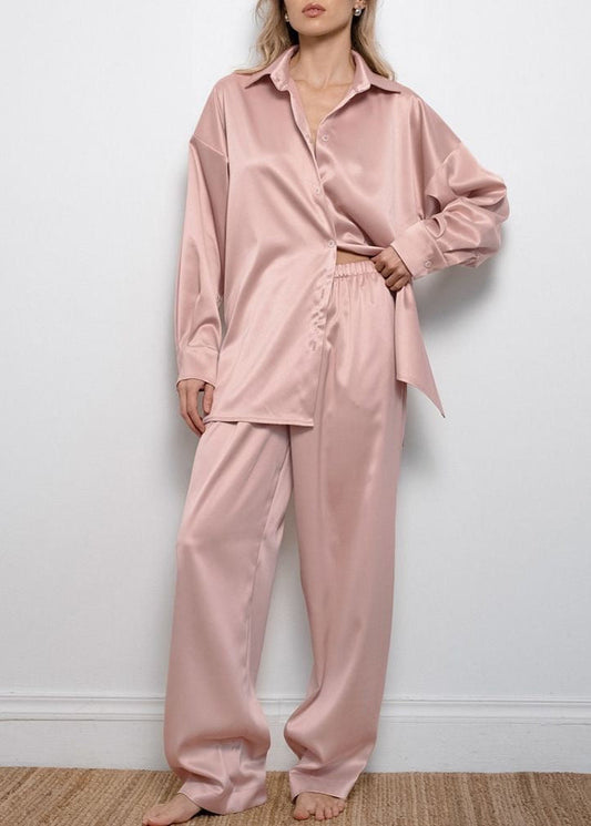 Blush Satin Relaxed Two-Piece Set – Button Shirt & Wide-Leg Pants