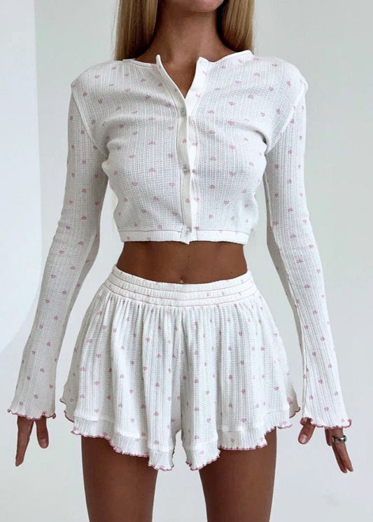 Sweetheart Knit Two-Piece Set – Long Sleeve Top & Flared Shorts