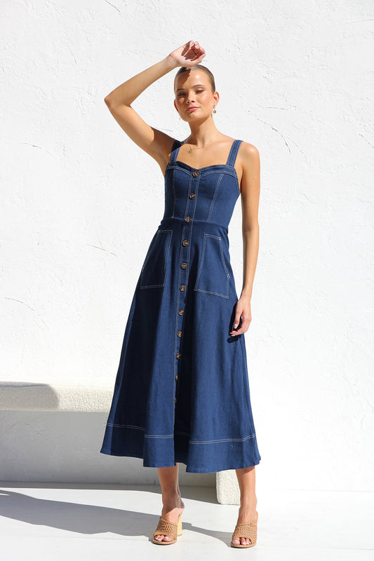 DENIM SUSPENDER CASUAL BUTTON MIDI DRESS