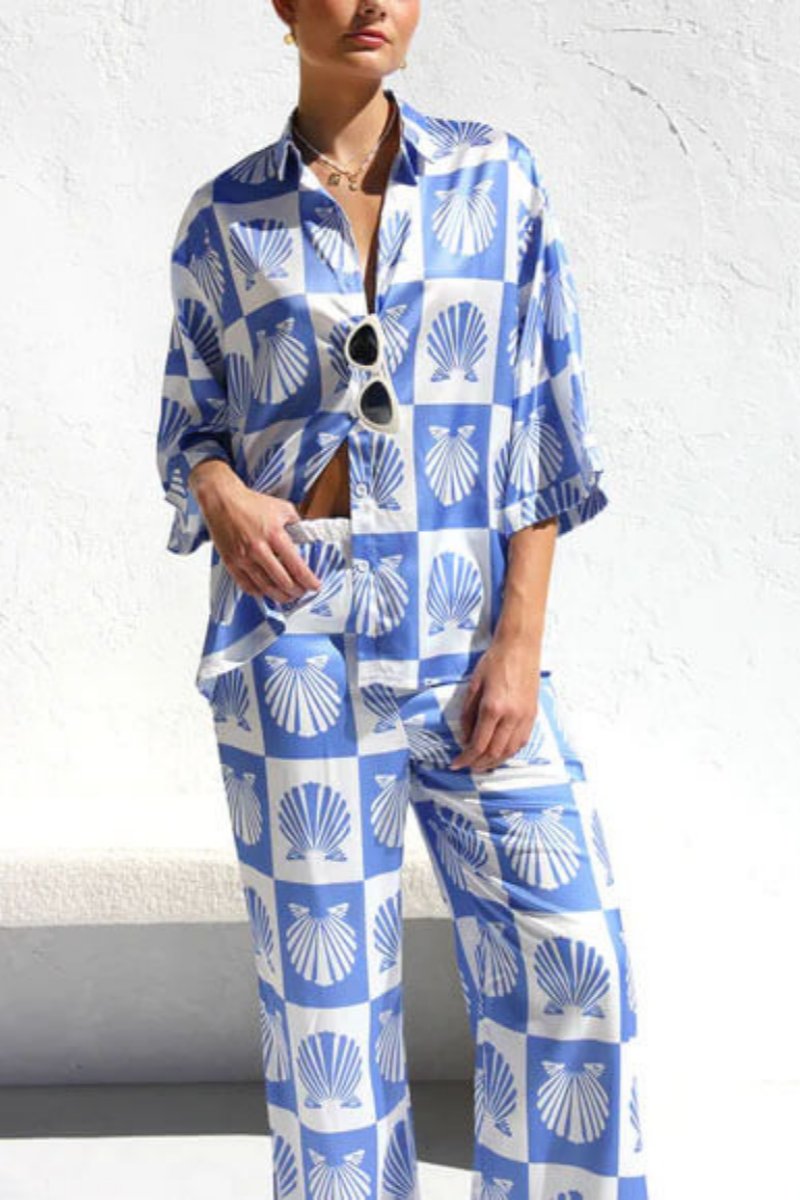 Special Satin Shell Print Wide Leg Pants-Set