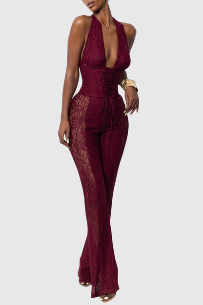 Isaias Lace Corset Jumpsuit - Red
