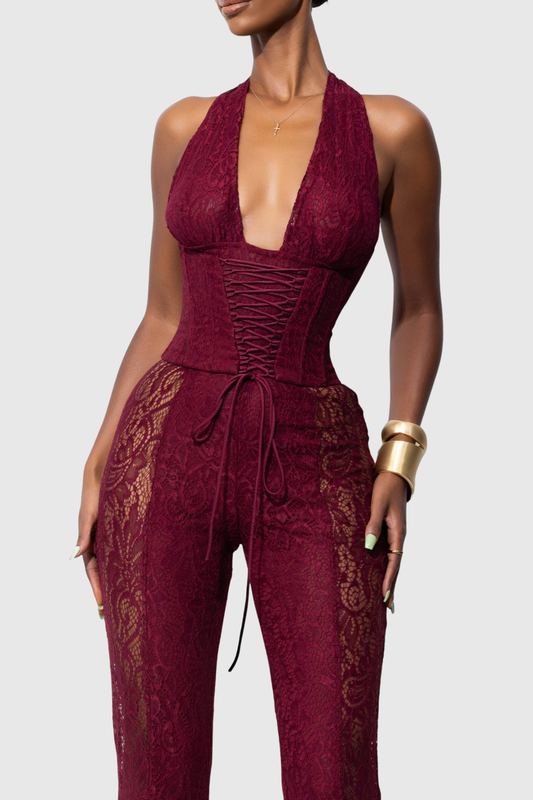 Isaias Lace Corset Jumpsuit - Red