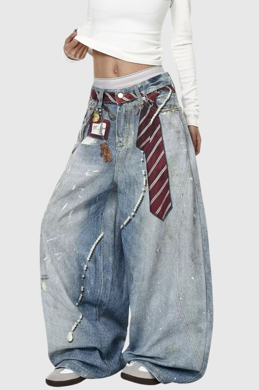 Isidora Splattered Tie Print Wide Leg Jeans