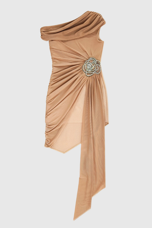 Janett One Shoulder Floral Embellished Mini Dress - Khaki