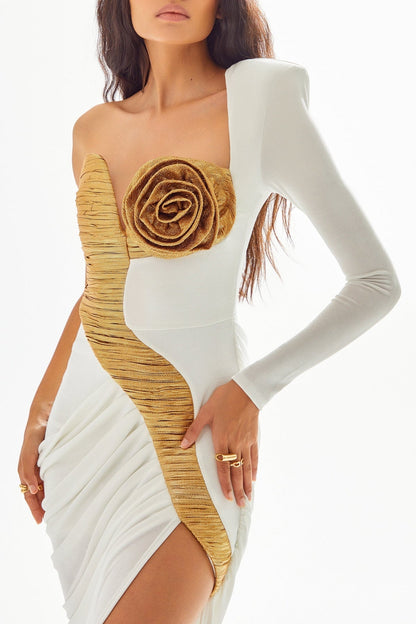 Jennifer Flower One Shoulder Ruched Maxi Dress