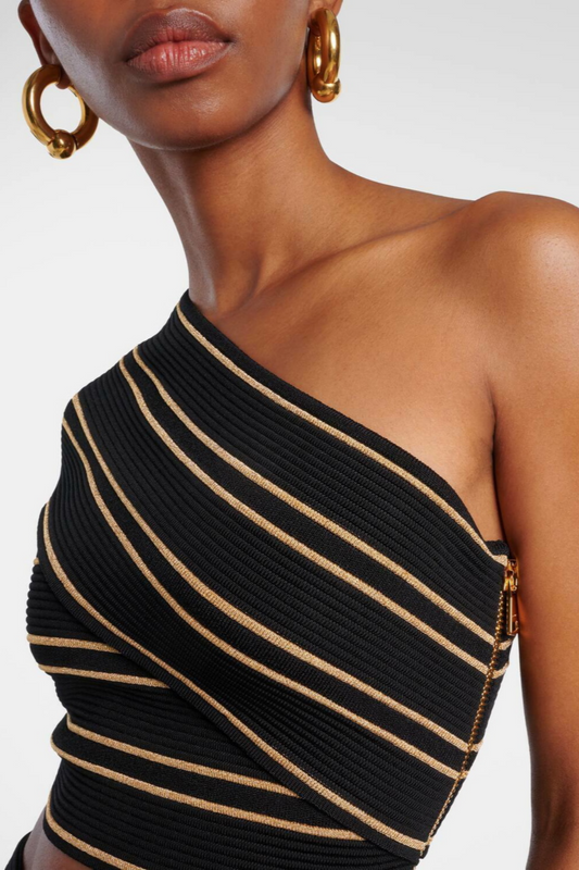 Julius One Shoulder Striped Knit Top & Midi Skirt Set