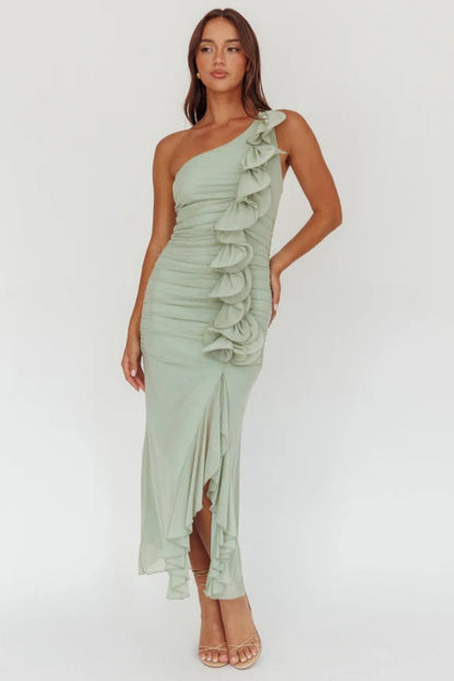 Haven One-Shoulder Ruffle Accent Maxi Dress Sage