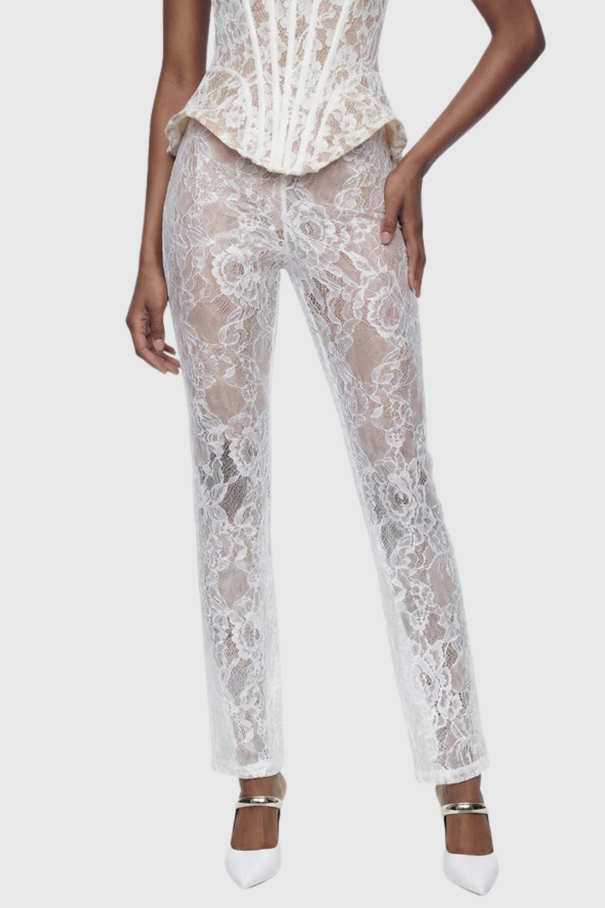 Katia Lace Corset Pearl Pants Set - White