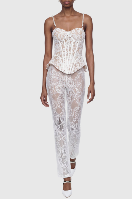 Katia Lace Corset Pearl Pants Set - White
