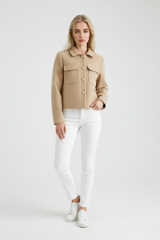 Maison Cropped Button Jacket | Turn-Down Collar Structured Fit Autumn