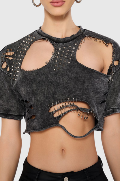 Kira Cutout Paperclip Embellished T-shirt - Grey